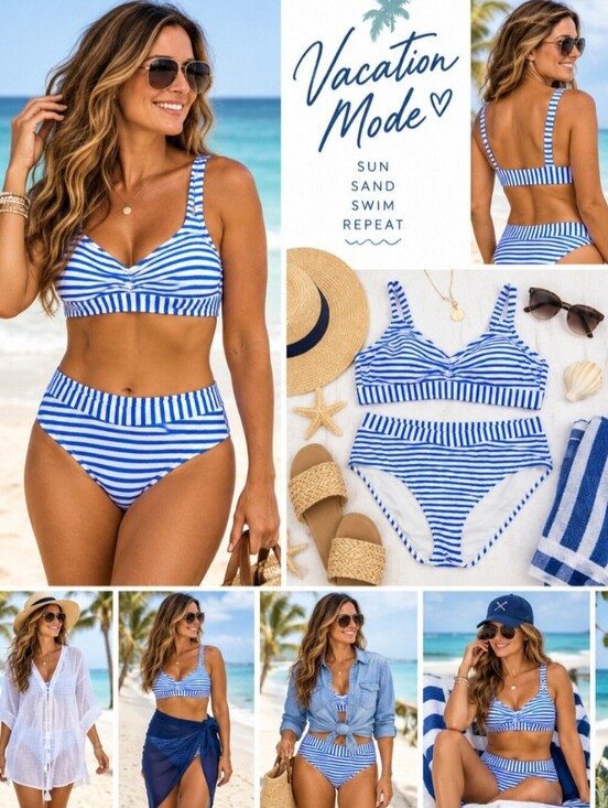 Kona Sol Other - Kona Sol Blue White Stripe Bikini Swimsuit Set Top 16W Bottom XL Padded Beach